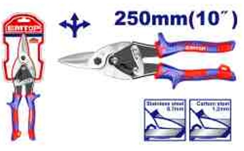 Professional Aviation Snip Straight Cutting Tool - 250mm 10" Length Two Tone Soft Handle Carbon Steel Max 1.2mm Stainless Steel 0.7mm